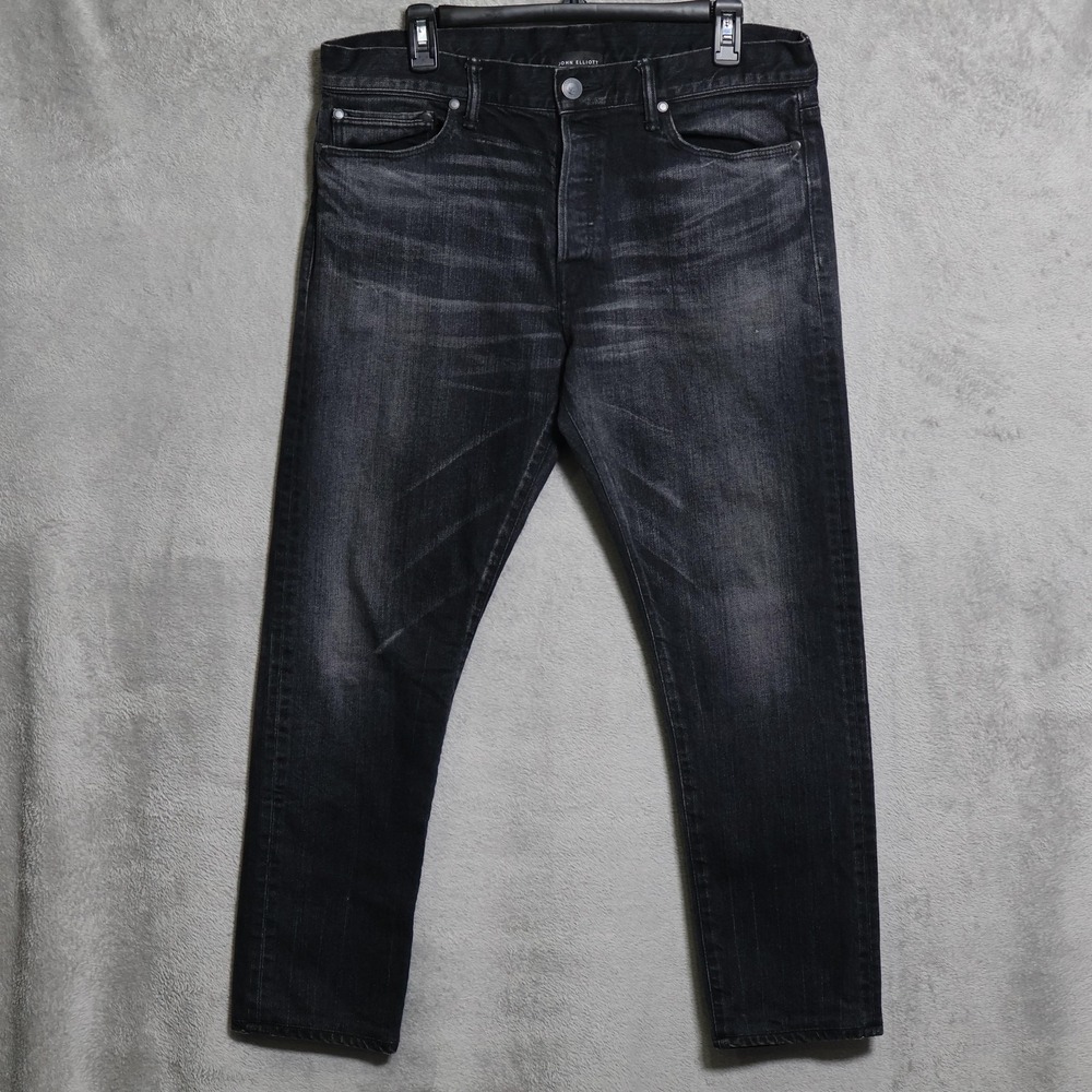 John Elliott Jeans Men 34x27.5 Black Distressed Denim Slim Tapered Made in Japan